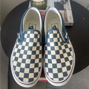 Vans Classic Checkerboard Slip-Ons in Cream and Dark Green